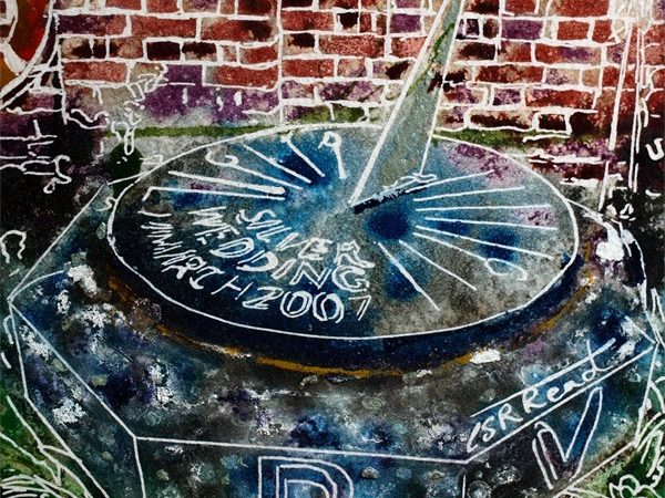 Original sundial painting of the sundial in the walled gardens at Claydon House in Buckinghamshire34 Sundial - Cathy Read - ©2018 - Watercolour and Acrylic - 17.8 x 17.8cm