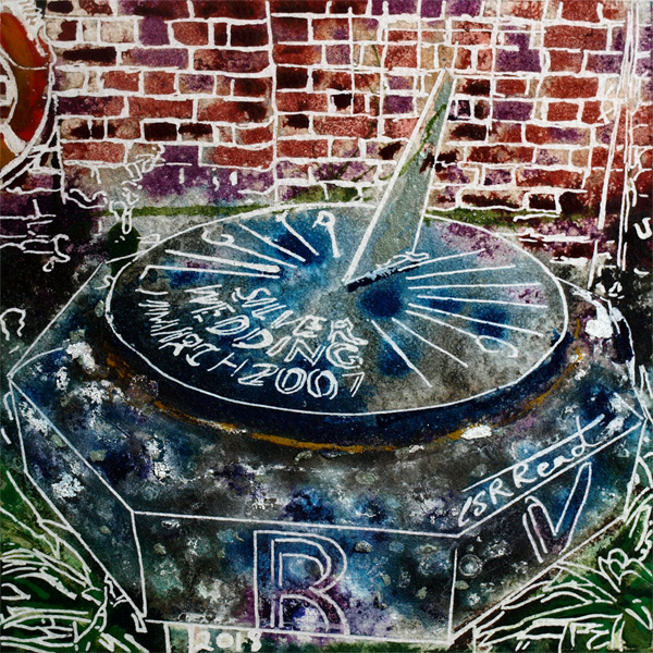 Original sundial painting of the sundial in the walled gardens at Claydon House in Buckinghamshire34 Sundial - Cathy Read - ©2018 - Watercolour and Acrylic - 17.8 x 17.8cm