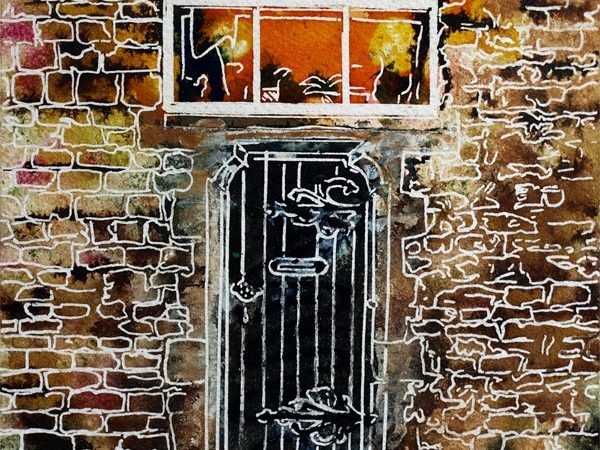 Robot door painting of a Door in School lane Buckingham, part of the old school building.37 Robot Door- Cathy Read - ©2018 - Watercolour and Acrylic - 17.8 x 17.8cm