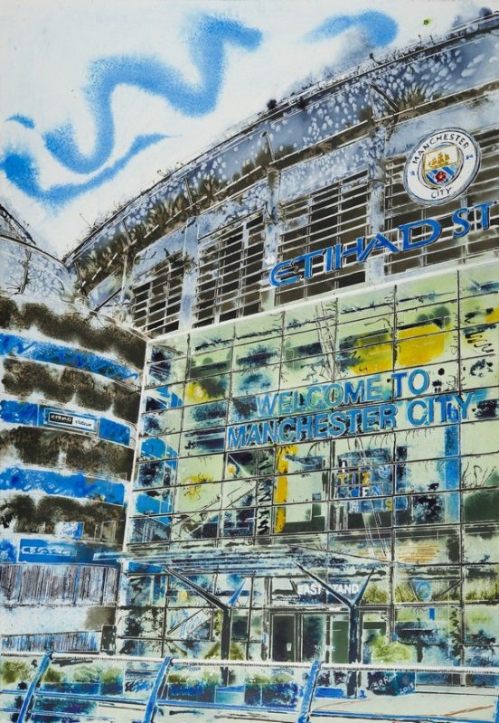 Manchester City Stadium painting also know as Manchester Blue is a painting of the Etihad Stadium Manchester City Football groundManchester-Blue-Cathy-Read-£1357-81x61cm-©2018