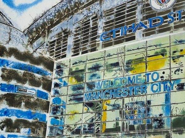 Manchester Blue Painting of the Etihad Stadium Manchester City Football groundManchester-Blue-Cathy-Read-£1357-81x61cm-©2018