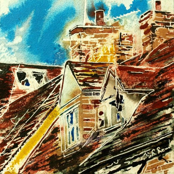 Painting of roof windows in Buckingham36 Dormer Windows - Cathy Read - ©2018-Watercolour-and-Acrylic-17.8x17.8cm