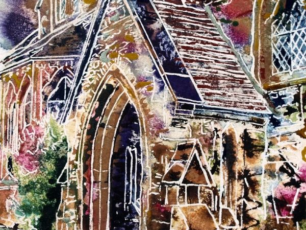 Rainbow porch painting is the Radcliffe centre Buckingham42 - Porch - Cathy-Read- ©2018 - Watercolour and Acrylic - 17.8x17.8cm