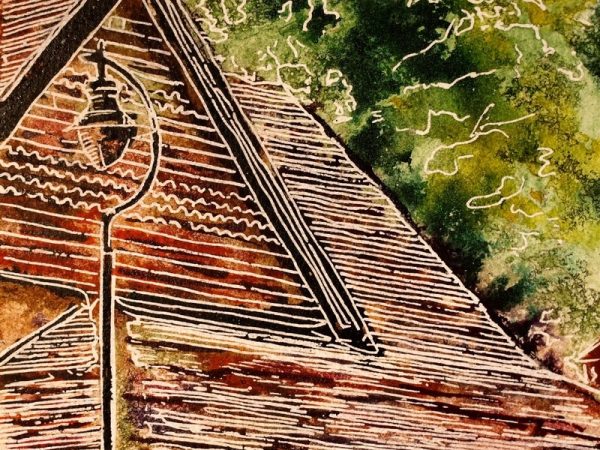 Painting of roof tiles on a house43 - Tiled Roof - Cathy Read - ©2018 - Watercolour and Acrylic - 17.8x17.8cm