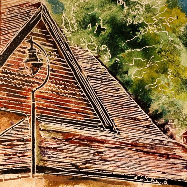 Painting of roof tiles on a house43 - Tiled Roof - Cathy Read - ©2018 - Watercolour and Acrylic - 17.8x17.8cm