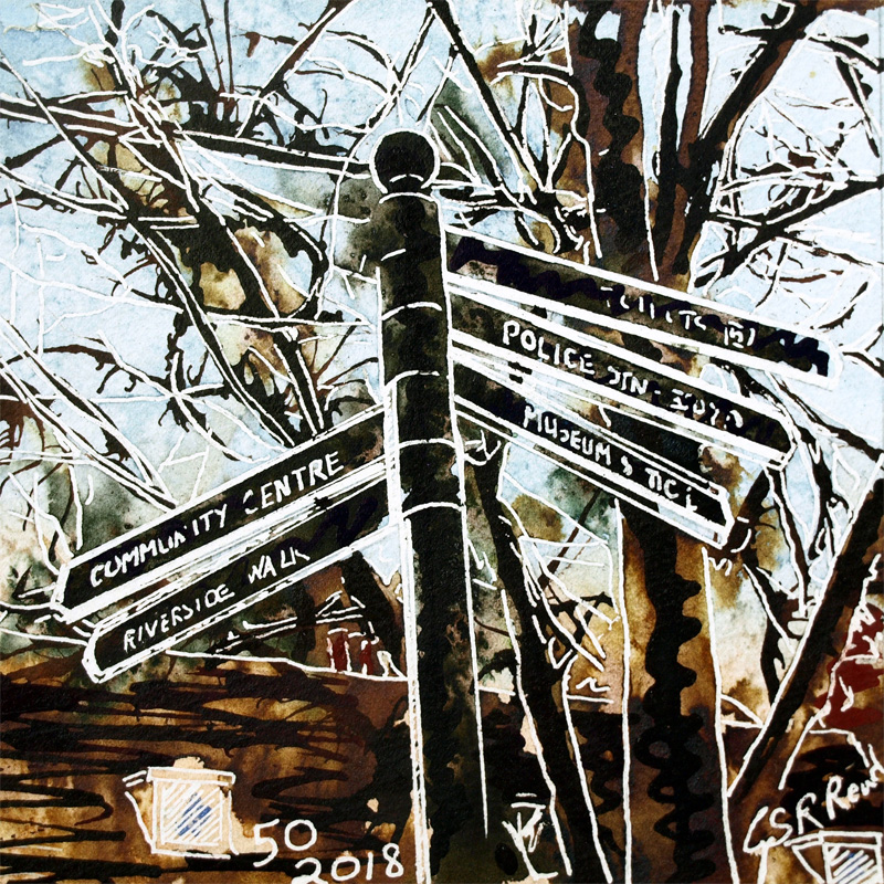 Painting of a signpost in Buckingham 50 Signpost - ©2018 - Cathy Read -Watercolour and Acrylic ink - SOLD