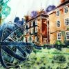 Watercolour and Acrylic ink painting of the Sundial and sunken gardens at Lady Margaret Hall in Oxford. by Cathy Read