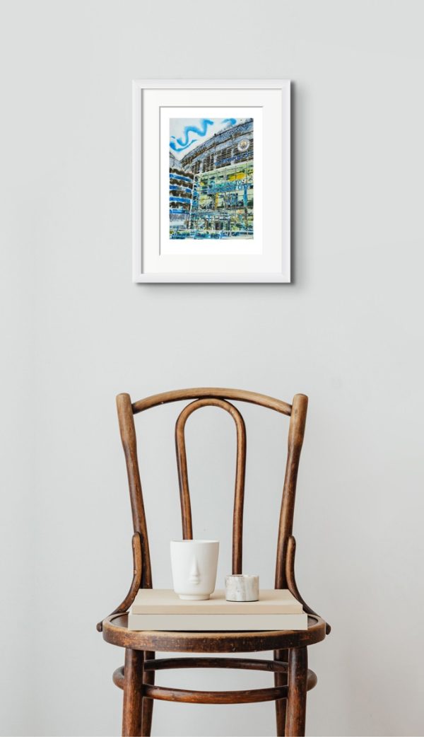 Room setting with print of Cathy Read's painting Manchester Blue