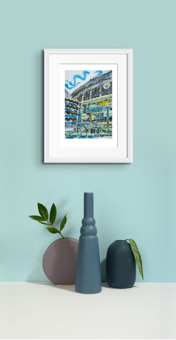 Room setting with print of Cathy Read's painting Manchester Blue