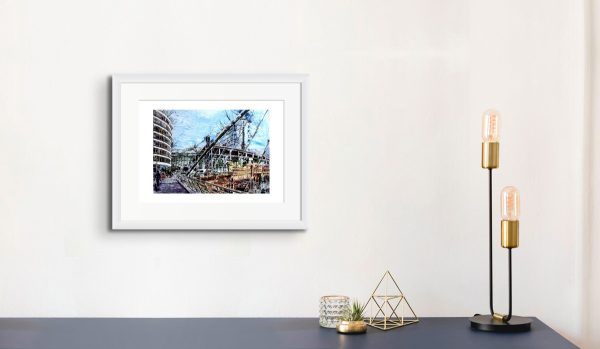 Room setting with print of Cathy Read's painting of Piccadilly Station
