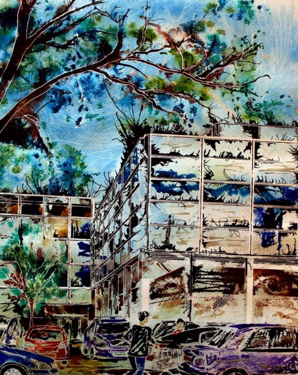 Painting of the Shopping Centre in Central Milton KeynesFinal Piece - Cathy Read -©2012 - Watercolour and Acrylic Ink - 50 x 40cm