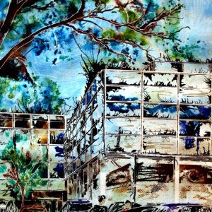 Painting of the Shopping Centre in Central Milton Keynes - Final Piece - Cathy Read -©2012 - Watercolour and Acrylic Ink - 50 x 40cm