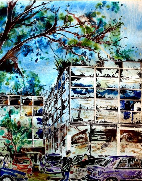 Painting of the Shopping Centre in Central Milton Keynes - Final Piece - Cathy Read -©2012 - Watercolour and Acrylic Ink - 50 x 40cm