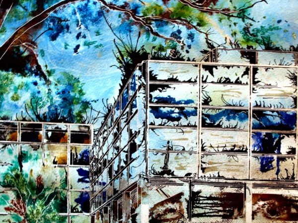 Painting of the Shopping Centre in Central Milton Keynes - Final Piece - Cathy Read -©2012 - Watercolour and Acrylic Ink - 50 x 40cm