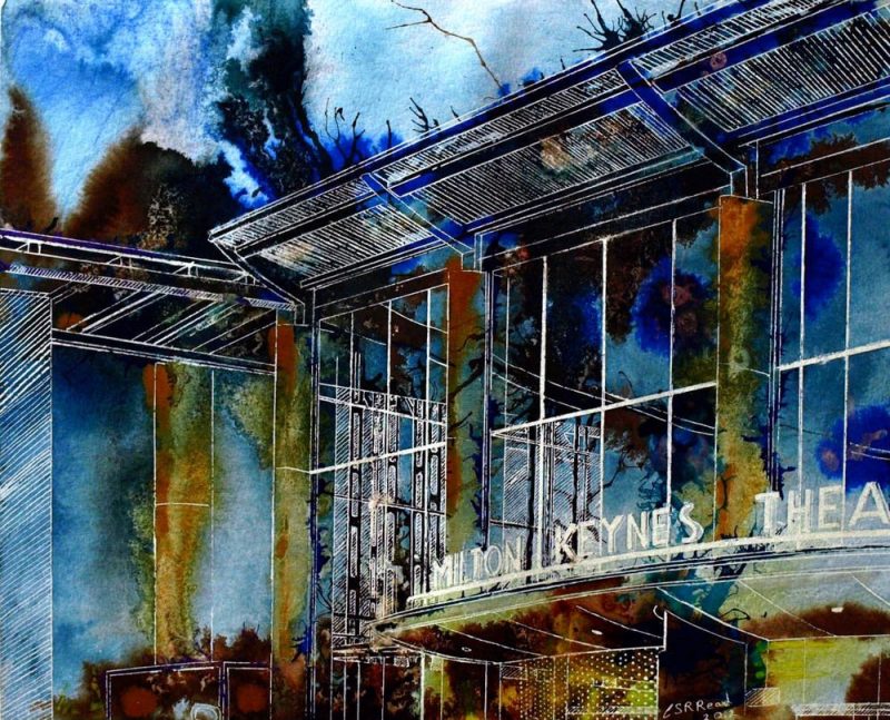 Original painting ofMilton Keynes Theatre created by artist Cathy Read Land of Make Believe ©2012 - Cathy Read - Mixed Media - 40x50cm