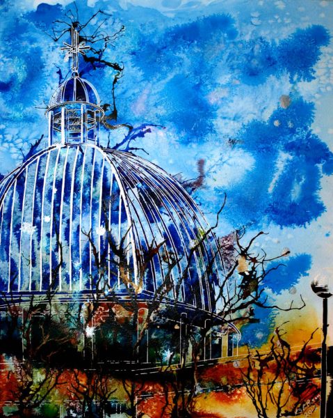 Painting on the Church in Central Milton Keynes - There is but One Church - ©2012 - Cathy Read - Watercolour and acrylic ink- 50x40cm