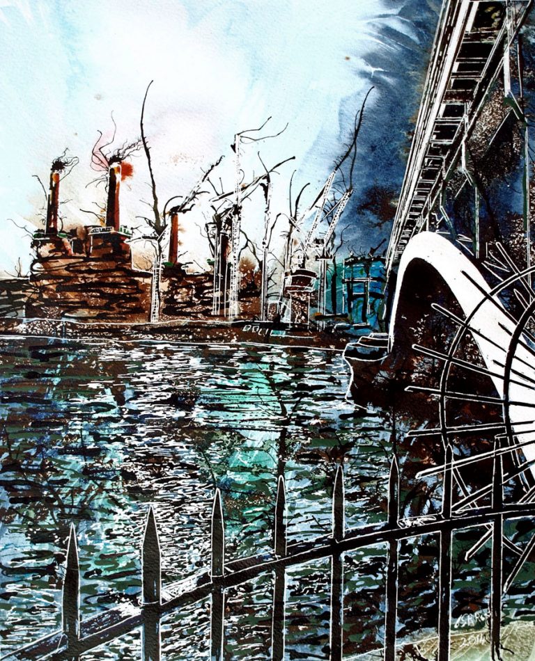 Painting of the River Thames by Battersea Bridge on the Chelsea embankment overlooking Battersea Power StationBattersea under Chelsea, an original painting by Artist Cathy Read