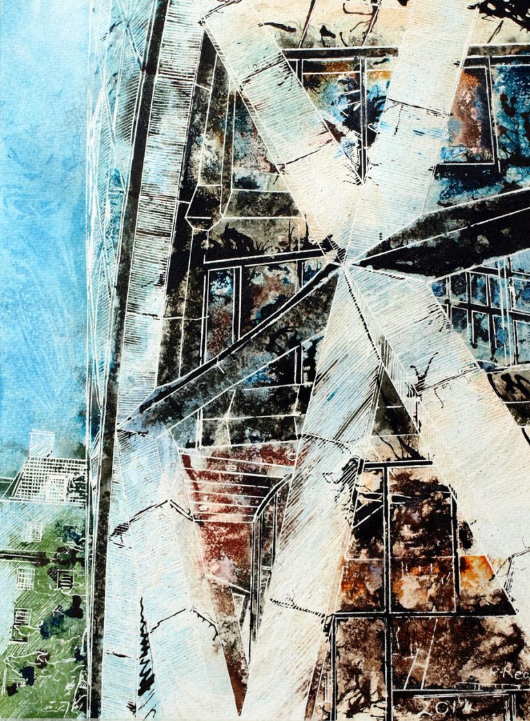 Painting of detail on the side of the Gherkin building in London. Painted by Cathy Read, Artist.