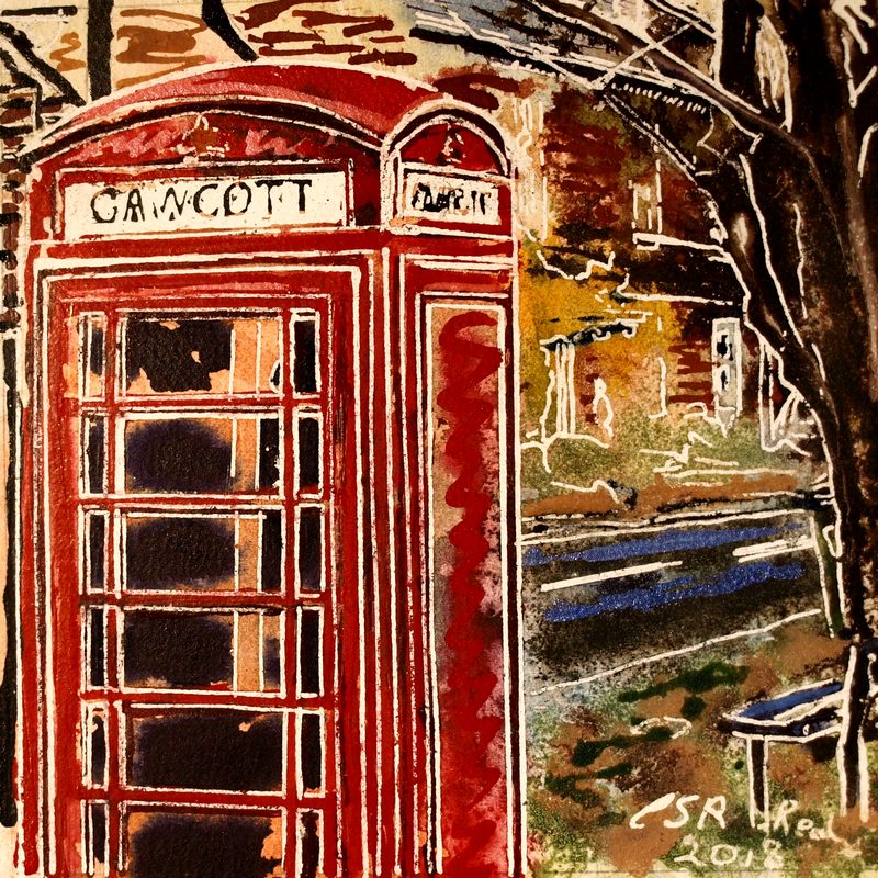 Painting of a telephone box in Gawcotte47 Phonebox Detaill - ©2018 - Cathy Read - Watercolour and Acrylic - 17.8x17.8cm