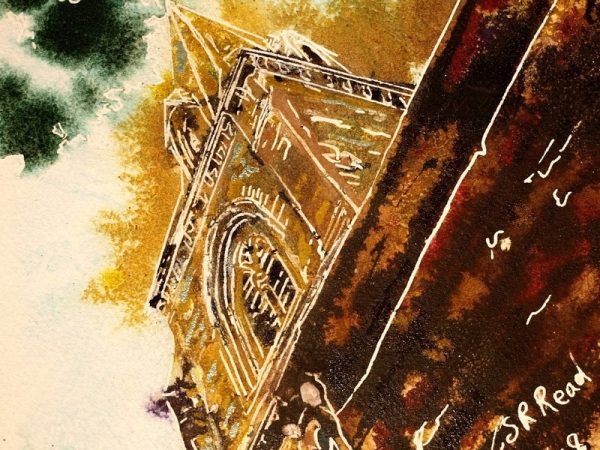 Painting of a Church Spire 48 - Steeple - Cathy-Read- ©2018 - Watercolour and Acrylic - 17.8x17.8cm