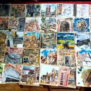 All 50 of the 4950m paintings displayed unframed4950 paintings completed - ©2018 - Cathy Read - - Watercolour and Acrylic ink