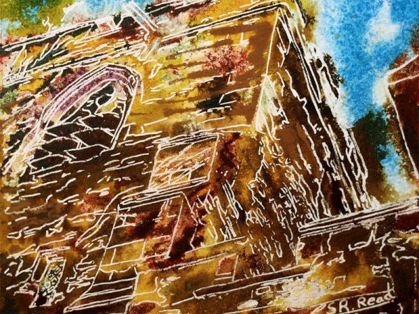 25 Adstock Crenelations - ©2018 - Cathy Read - Watercolour and Acrylic - 17.8x17.8cm