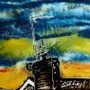 Painting of a weather vane with a colourful stainted glass sky behind.27 Weather Vane - ©2018 - Cathy Read - Watercolour and Acrylic - 17.8x17.8cm