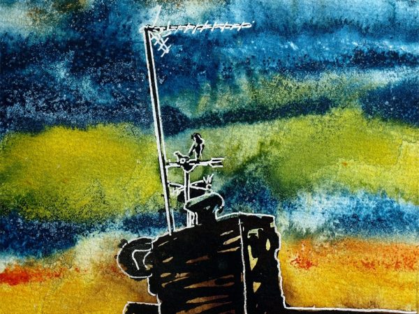 Painting of a weather vane with a colourful stainted glass sky behind.27 Weather Vane - ©2018 - Cathy Read - Watercolour and Acrylic - 17.8x17.8cm
