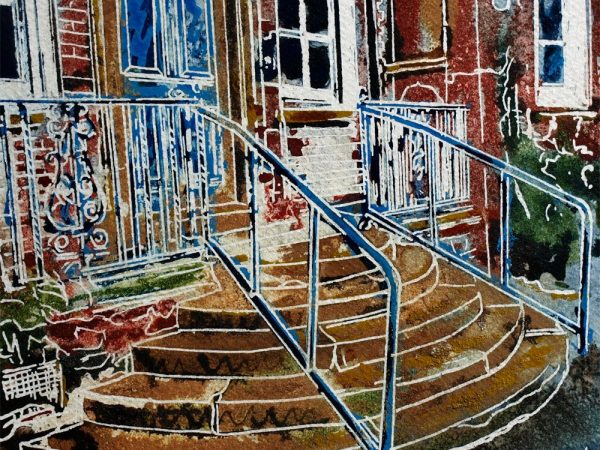 29 Hospital Steps - ©2018 - Cathy Read - Watercolour and Acrylic - 17.8x17.8cm painting of hospital steps