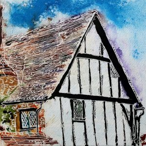 Painting of a Timer framed building in Buckingham38 Timber Frame - ©2018 - Cathy Read - Watercolour and Acrylic - 17.8x17.8cm