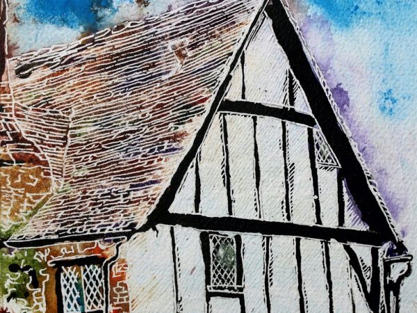 Painting of a Timer framed building in Buckingham38 Timber Frame - ©2018 - Cathy Read - Watercolour and Acrylic - 17.8x17.8cm