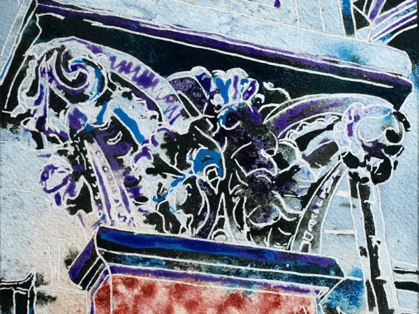 Capital Detail - ©2018 - Cathy Read - Watercolour and Acrylic - 17.8x17.8cm painting of the top of a colums and decorative moulding