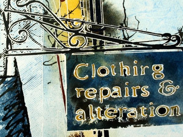 Painting of a shop sign in BuckinghamShop Sign - ©2018 - Cathy Read -Watercolour and Acrylic - 17.8x17.8cm