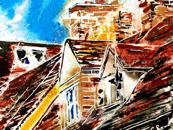 Painting of roof windows in Buckingham36 Dormer Windows - Cathy Read - ©2018-Watercolour-and-Acrylic-17.8x17.8cm
