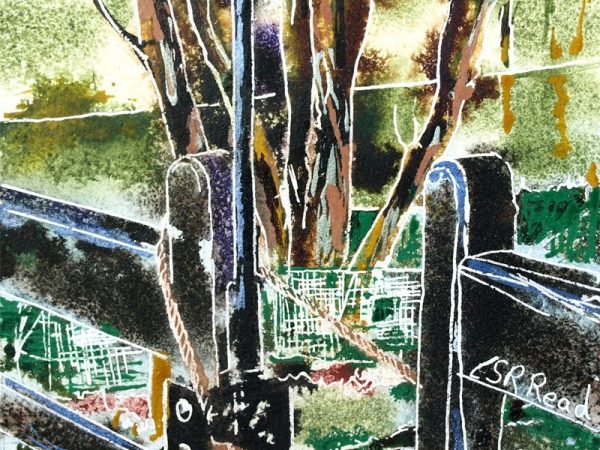 Painting of a gate latch at Stowe49 Gate Latch - ©2018 - Cathy Read -Watercolour and Acrylic - 17.8x17.8cm