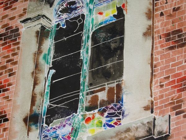 Window on the Past - ©2010 - Cathy-Read - 40.6x50.8cm - Watercolour and Acrylic-ink Painting of church sindow of Providence Chapel in Middleton, Greater Manchester