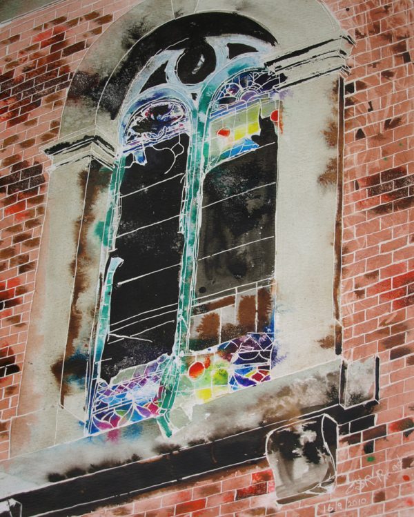 Window on the Past - ©2010 - Cathy-Read - 40.6x50.8cm - Watercolour and Acrylic-ink Painting of church sindow of Providence Chapel in Middleton, Greater Manchester