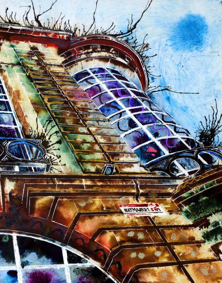 Painting of a building at the corner of the Haymarket in London. Painted by contemporary artist Cathy Read. Haymarket-Corner Cathy-Read- ©2018-Watercolour and Acrylic-50x 40cm
