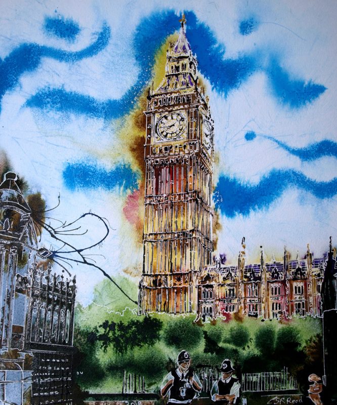 Big Ben meditations Painting of Houses of Parliament in London with 2 police officers On Duty - ©2019 - Cathy Read -Watercolour and Acrylic - 51cm x 41cm