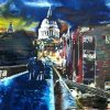 Painting of the Millennium Bridge St Pauls and London lit up at night Across the glowing bridge - ©2019 - Cathy Read - Watercolour and Acrylic - 40 x 50cm