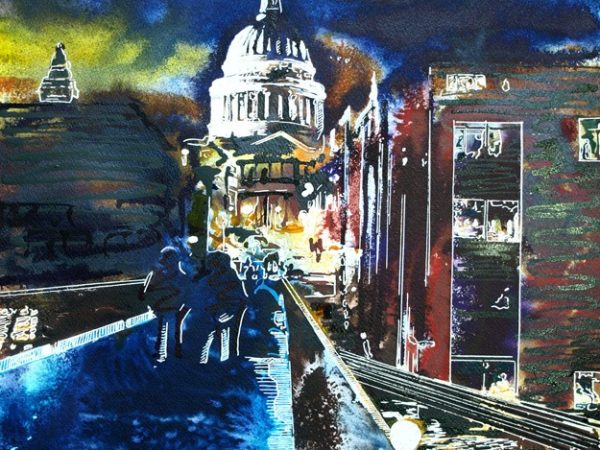 Painting of the Millennium Bridge St Pauls and London lit up at night Across the glowing bridge - ©2019 - Cathy Read - Watercolour and Acrylic - 40 x 50cm