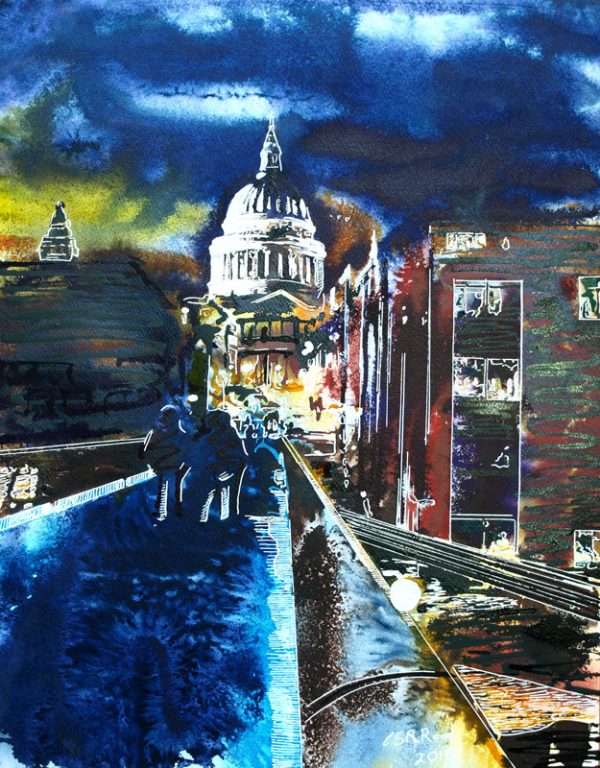 Painting of the Millennium Bridge St Pauls and London lit up at night Across the glowing bridge - ©2019 - Cathy Read - Watercolour and Acrylic - 40 x 50cm