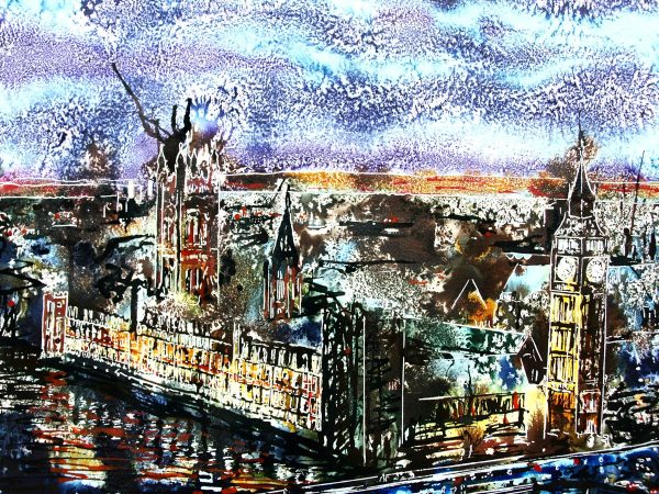Painting of the Houses of Parliament at night- ©2014 - Cathy Read - Watercolour and Acrylic on paper on board -40 x 50 cm