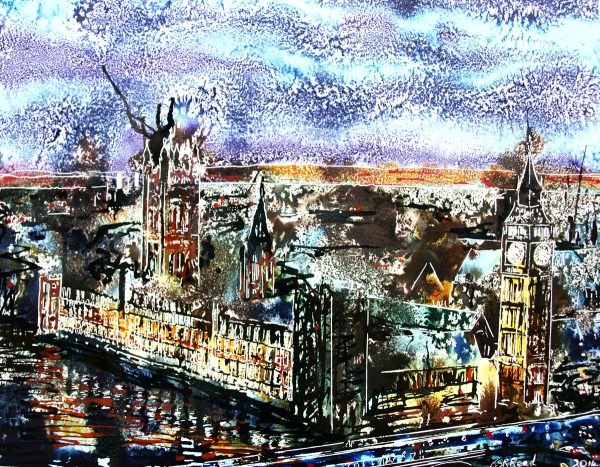 Painting of the Houses of Parliament at night- ©2014 - Cathy Read - Watercolour and Acrylic on paper on board -40 x 50 cm