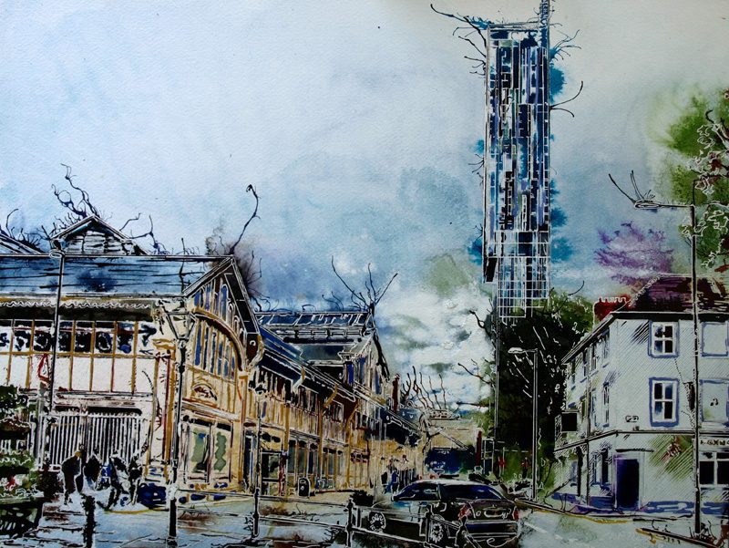 Manchester MOSI Art featuring Beethams Tower, the Museum of Science and Industry and a few other curiousities.
MOSI Grey - ©2016 - Cathy Read - Watercolour and acrylic ink - 43x59cm