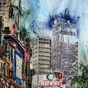 Painting of Manchester skyline with Printworks, corn exchange and CIS towerPrintworks - ©2017-Cathy Read- watercolour and arylic ink
