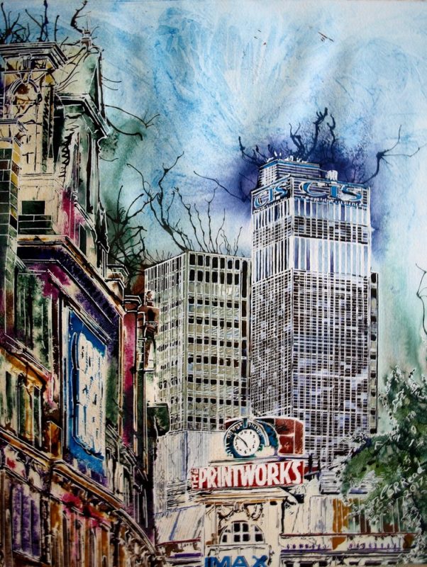 Painting of Manchester skyline with Printworks, corn exchange and CIS towerPrintworks - ©2017-Cathy Read- watercolour and arylic ink