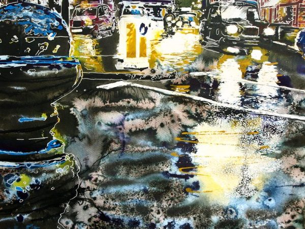 Sloane Square at Night -Cathy Read - ©2017 - watercolour and Acrylic Ink