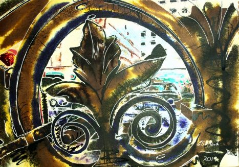 RA Railings - Cathy Read - ©2019 - Watercolour and Acrylic - 56x42cm
