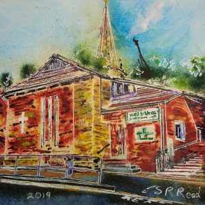 Painting of Well Street Church - ©2019 - Cathy Read -Watercolour and Acrylic - 17.8x17.8cm Sold